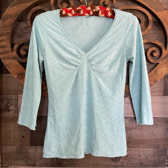 y2k Top Stretch Blouse Balletcore Fairycore Turquoise Teal Ruched Sexy - Picture 2 of 14